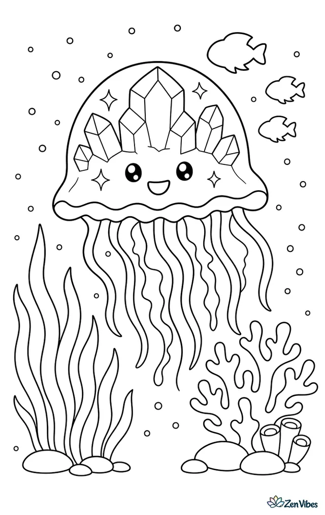 A crystal jelly shines softly in deeper water, with floating plankton dots, slender sea grass below, a simple coral cluster, and three fish silhouettes in the distance.