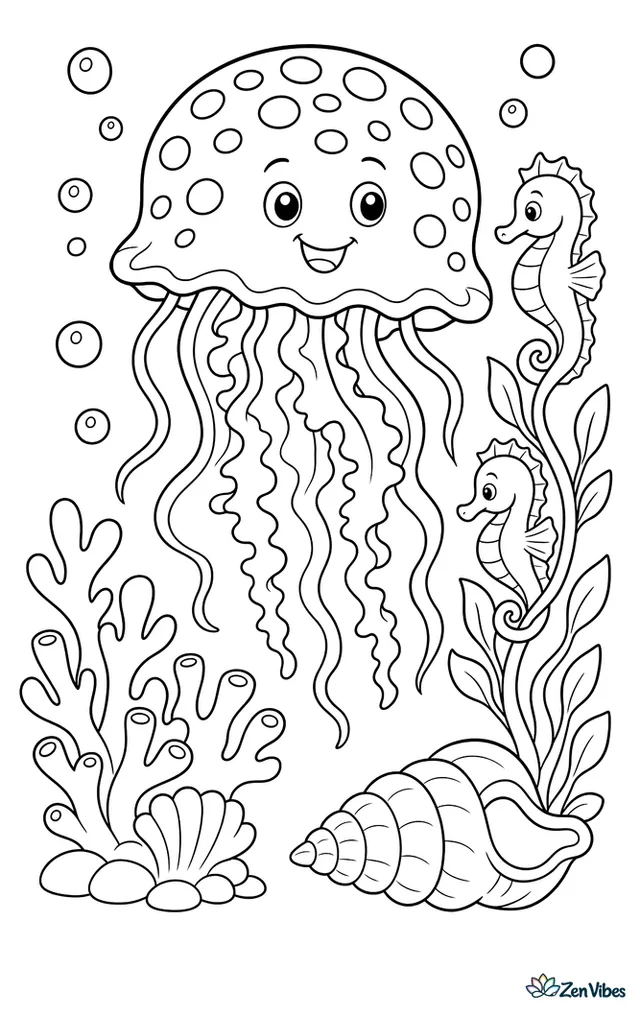 A white-spotted jellyfish pulses through warm coastal water, passing over a patch of coral, with bubbles, a conch shell, and two seahorses curled around seaweed.