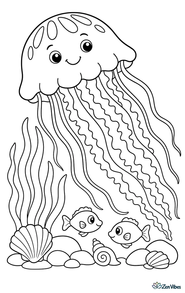 A Pacific sea nettle drifts across a sunny bay, its long tentacles trailing above rocks, shells, waving eelgrass, and a pair of small fish near the bottom.
