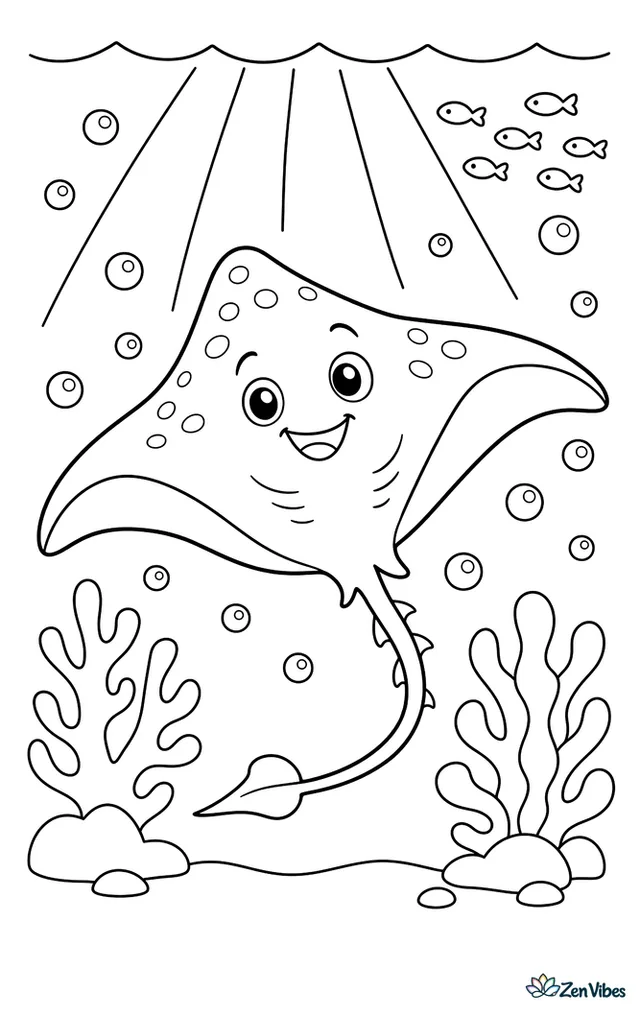 A mauve stinger floats in open sea, surrounded by curved bubbles, a distant school of tiny fish, two coral shapes below, and beams of light from above.