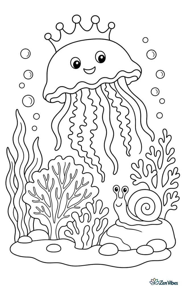 A crown jellyfish hovers over an underwater garden of sea fans and soft coral, while a snail crawls on a rock and bubbles rise past swaying weeds.