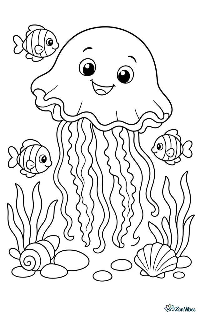 A jelly blubber drifts in a shallow lagoon beside sea grass clumps, seashells, and smooth stones, while three small fish weave around its softly ruffled bell.