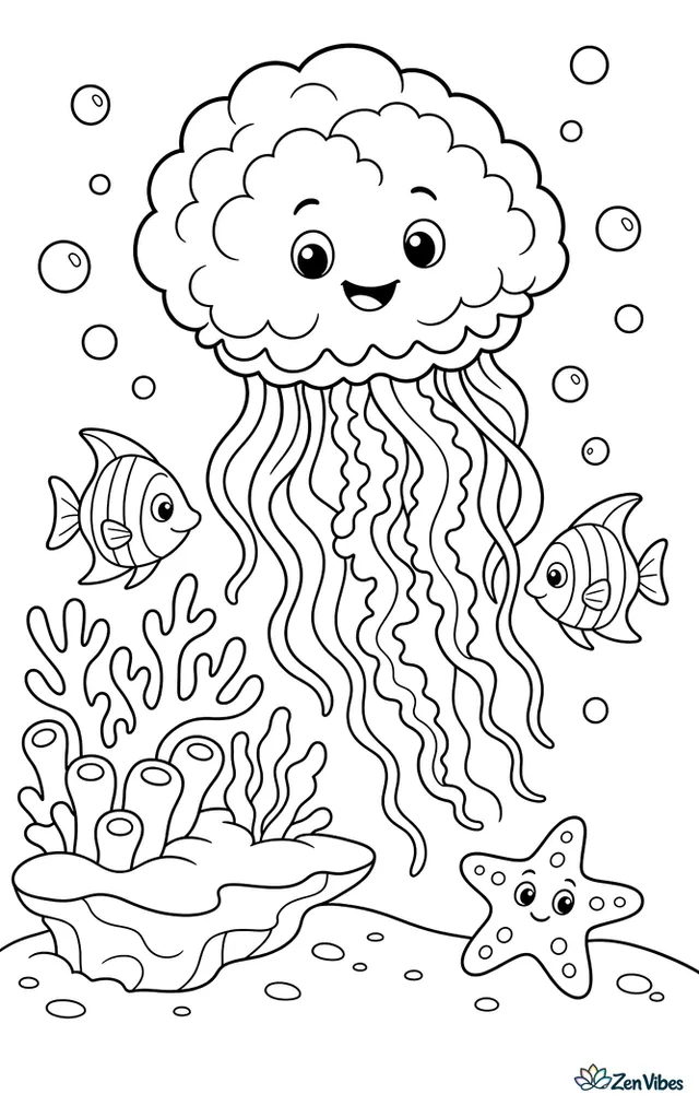 A cauliflower jellyfish glides above a reef ledge, with branching coral, a sea star on the sand, swirling bubbles, and two angelfish crossing behind its tentacles.