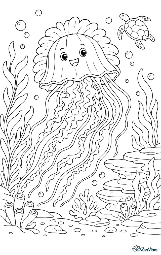 A lion's mane jellyfish streams through a broad current, its long tentacles flowing past layered rocks, drifting bubbles, kelp fronds, and a distant sea turtle silhouette.