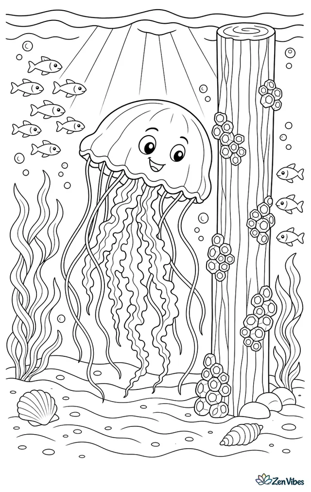 An Atlantic sea nettle pulses beside a wooden pier piling underwater, with barnacles, schools of minnows, looping seaweed, sandy ripples, and sunbeams filtering through the water.