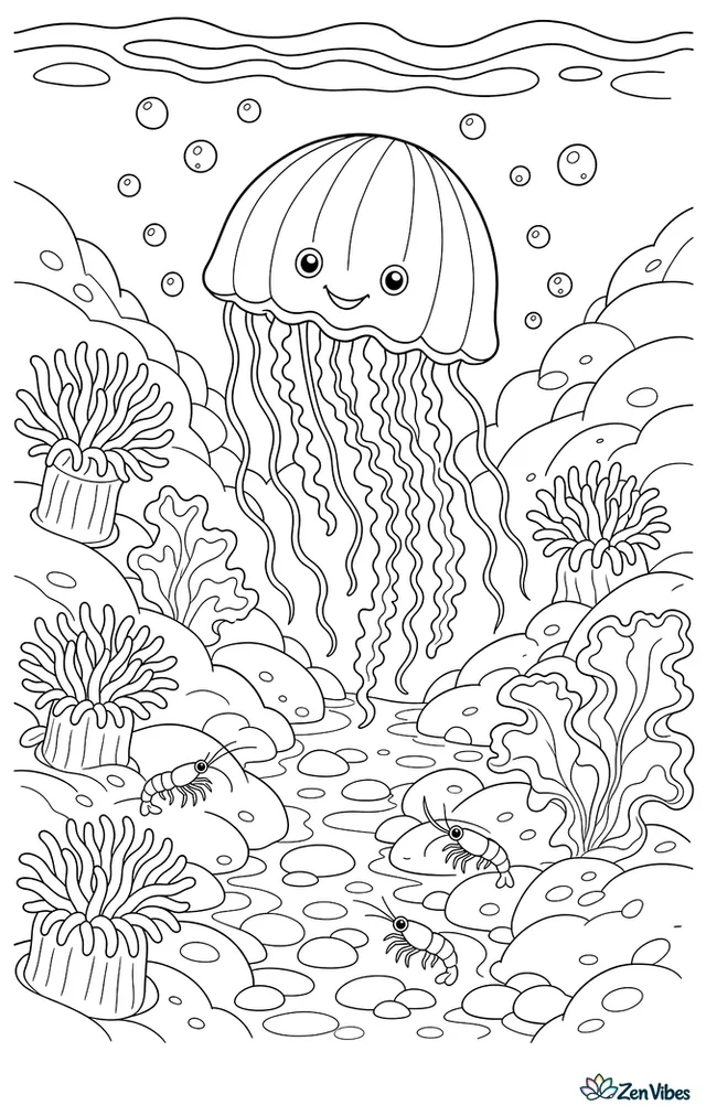 A purple-striped jellyfish floats over a rocky tide pool channel, surrounded by anemones, sea lettuce, tiny shrimp, pebbles, and bubbles drifting toward the bright surface.