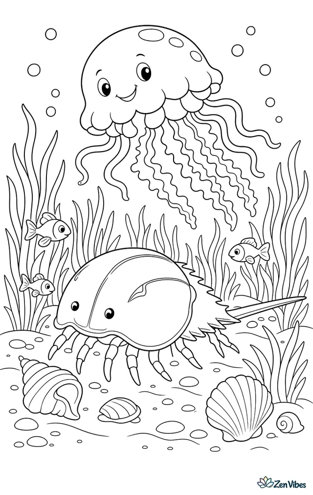 A cannonball jellyfish tumbles gently above a seagrass meadow, while a horseshoe crab walks below and little fish dart between shells and waving blades.
