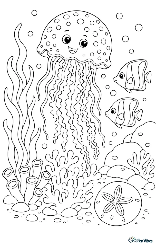 A spotted lagoon jellyfish rises through clear lagoon water, passing coral heads, ribbon seaweed, a sand dollar, small bubbles, and a pair of butterflyfish near rocks.