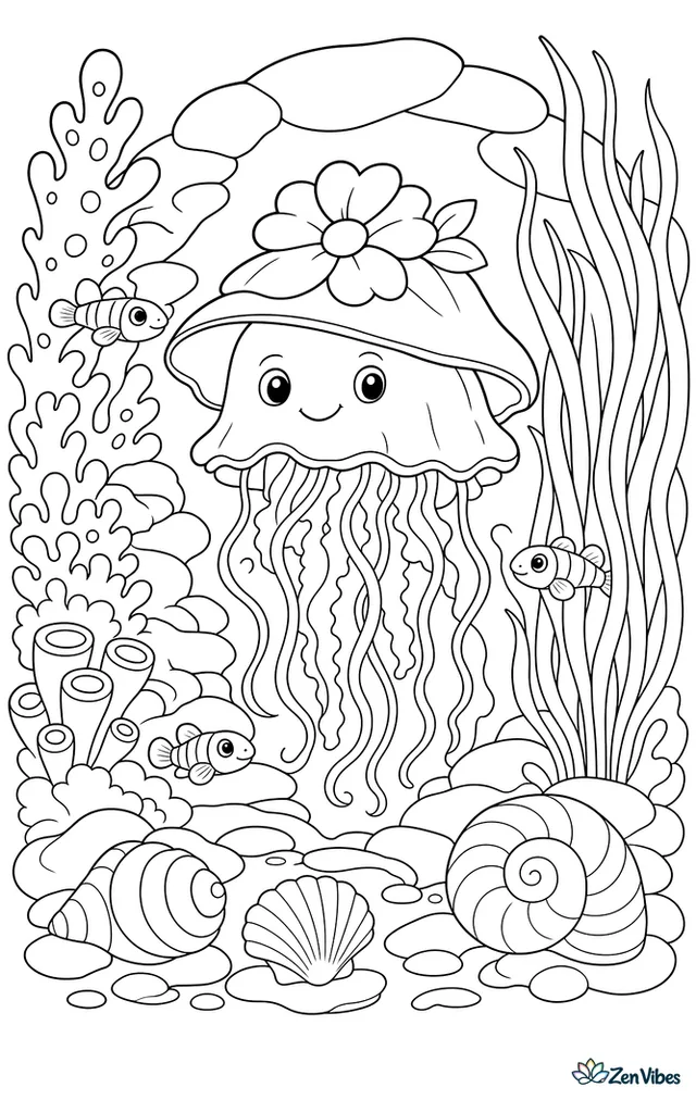 A flower hat jellyfish drifts in a sheltered reef nook, framed by soft coral, spiral shells, tiny gobies, layered stones, and a curtain of swaying eelgrass.