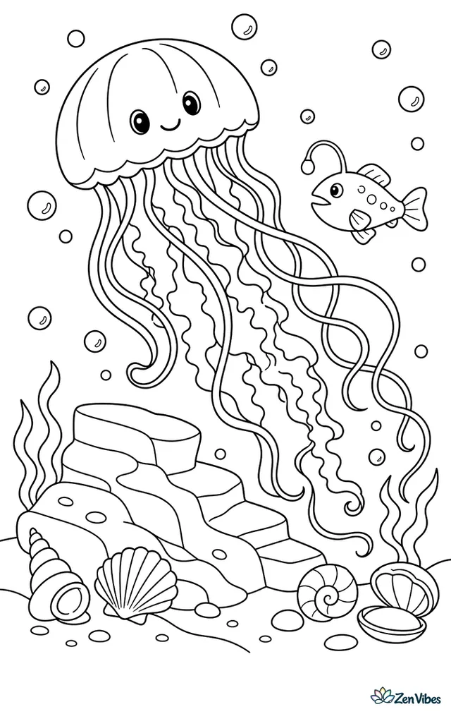 A black sea nettle glides through dim blue water, with long ribbon tentacles curling around bubbles, a rocky outcrop below, scattered shells, and a lanternfish nearby.