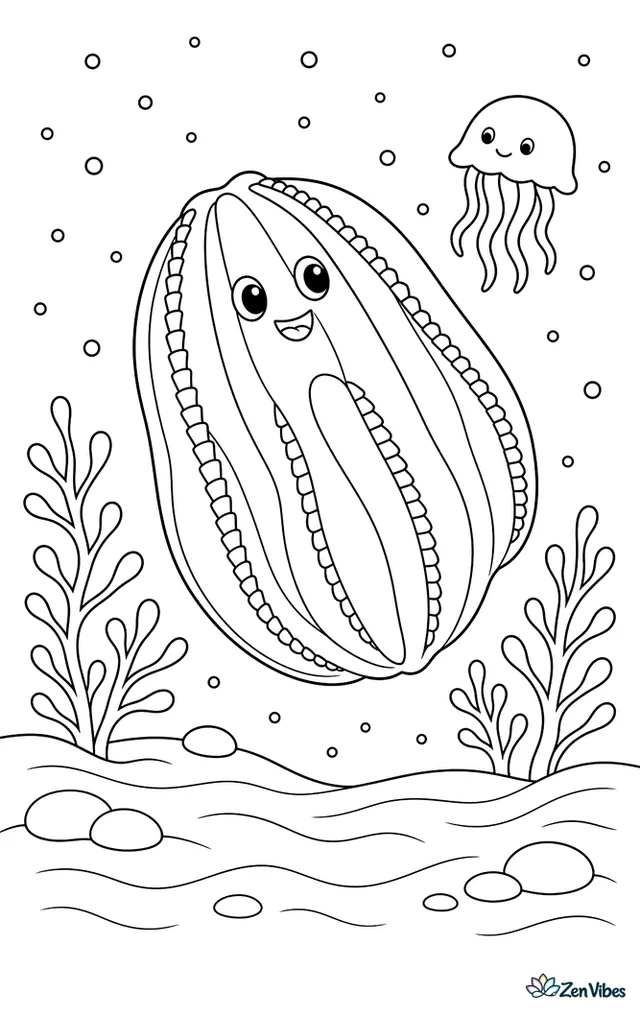 A sea walnut comb jelly shimmers through plankton-rich water, surrounded by dotted specks, delicate algae branches, a small jelly companion, and smooth rippled sand below.