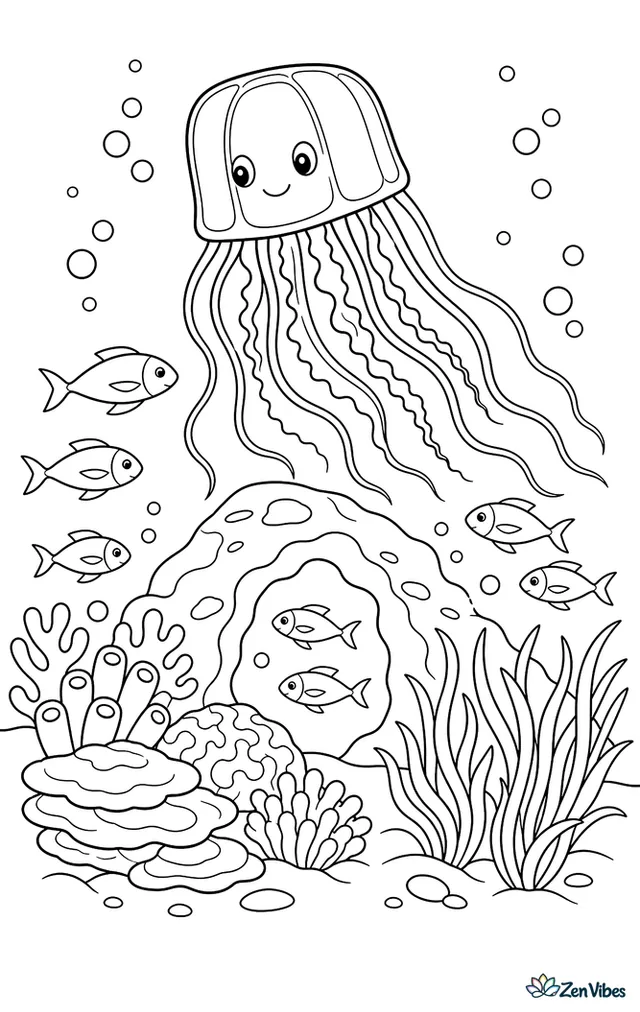 A box jellyfish moves through a tropical lagoon, above coral bommies and waving turtle grass, while silvery fish circle a rock arch and bubbles drift upward.