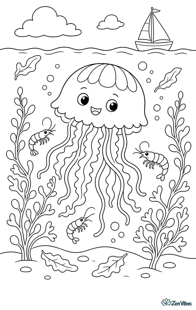 An immortal jellyfish floats among strands of sargassum, with tiny shrimp, floating leaves, air bubbles, and a distant sailboat hull seen faintly above the waterline.