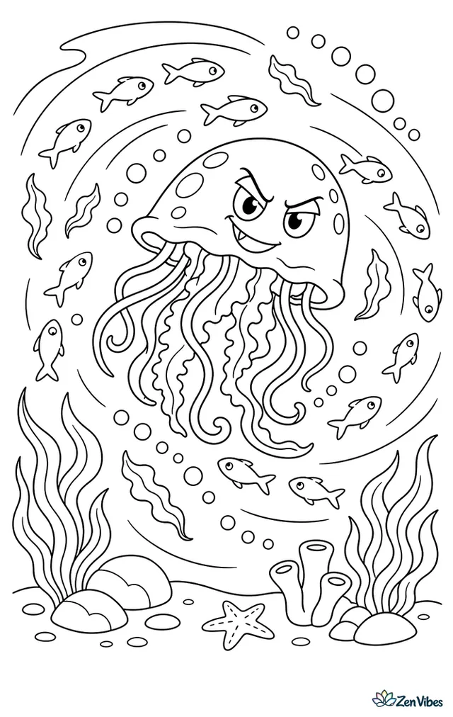 A pink meanie jellyfish swirls through open ocean, encircled by schooling baitfish, a spiral trail of bubbles, drifting seaweed pieces, and layered waves of current.