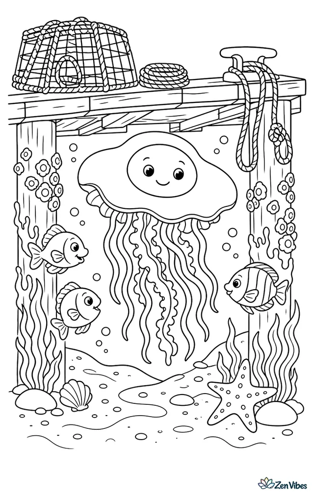A fried egg jellyfish passes beneath a small dock, where crab traps, dangling ropes, barnacled posts, curious fish, and sandy seabed patterns create a lively coastal scene.