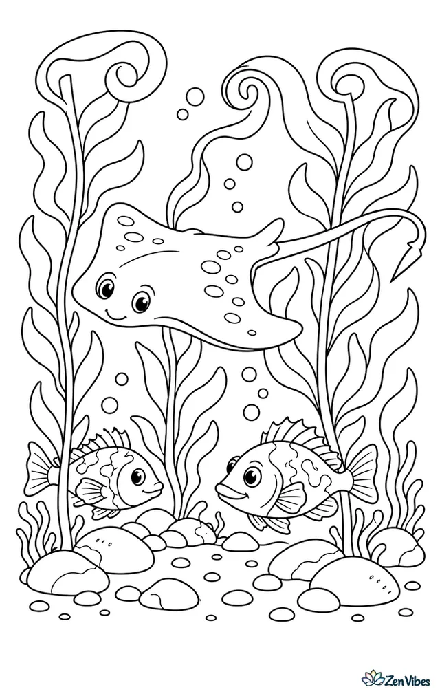 A mauve stinger threads between tall kelp stalks, with fronds curling overhead, rockfish sheltering below, bubbles rising, and textured stones scattered across the ocean floor.