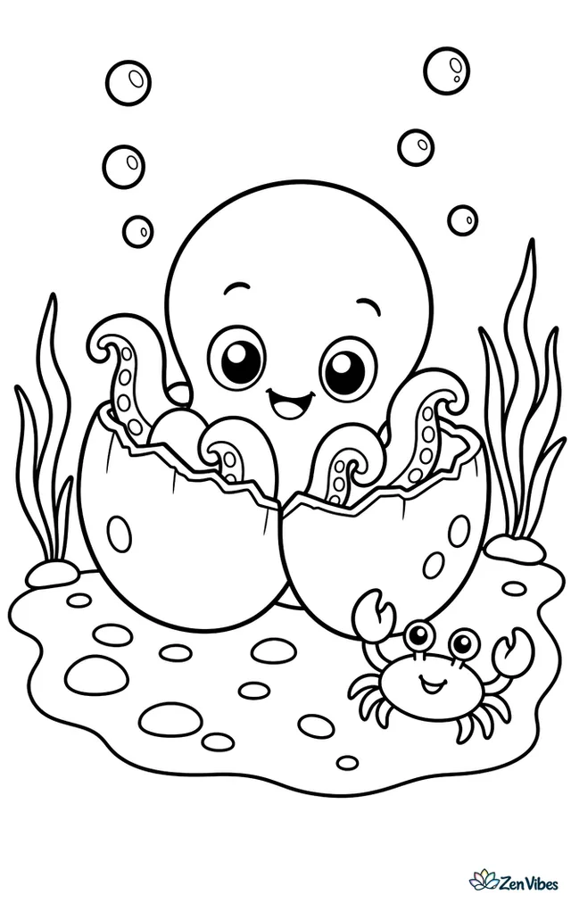 A coconut octopus peeks from two coconut shell halves on a sandy seabed, with scattered pebbles, a tiny crab nearby, and a few swaying sea grass strands under gentle bubbles.