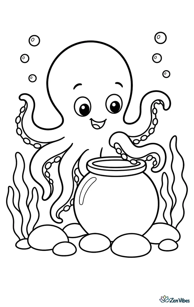 A common octopus explores a round glass jar resting on the ocean floor, with smooth stones, two simple seaweed clumps, and small bubbles rising through clear water.
