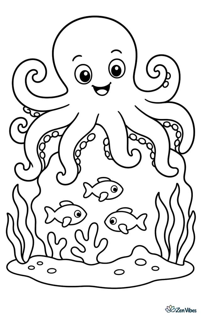 A day octopus stretches over a low coral rock, curling its arms around the edges, with three fish silhouettes, a sandy bottom, and simple waving sea plants.