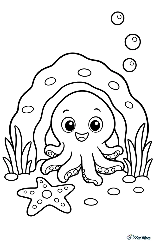A pygmy octopus sits at the entrance of a tiny rock den, surrounded by short sea grass, a starfish on the sand, and a few round bubbles drifting upward.