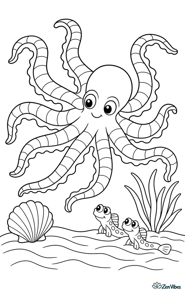 A mimic octopus glides above rippled sand, its arms spread wide as it moves past a seashell, a small patch of sea grass, and two curious gobies.
