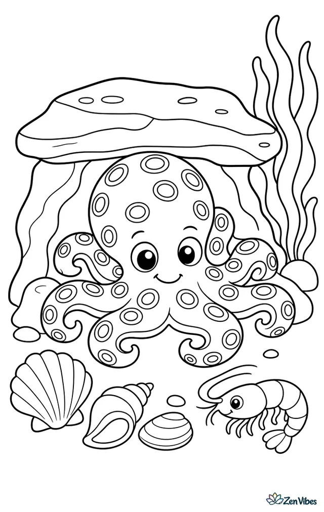 A blue-ringed octopus rests beneath a flat rock ledge, showing its ring patterns beside a cluster of shells, a tiny shrimp, and soft algae waving in the current.