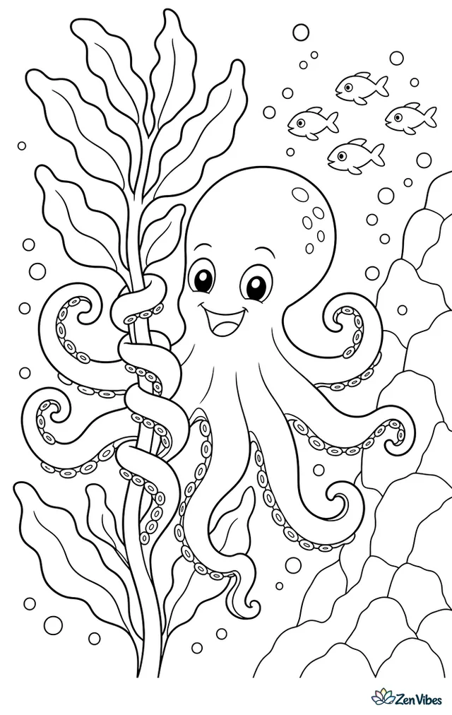 A giant Pacific octopus wraps two arms around a kelp stalk while floating among broad kelp leaves, with a rocky wall, drifting bubbles, and a small school of fish.