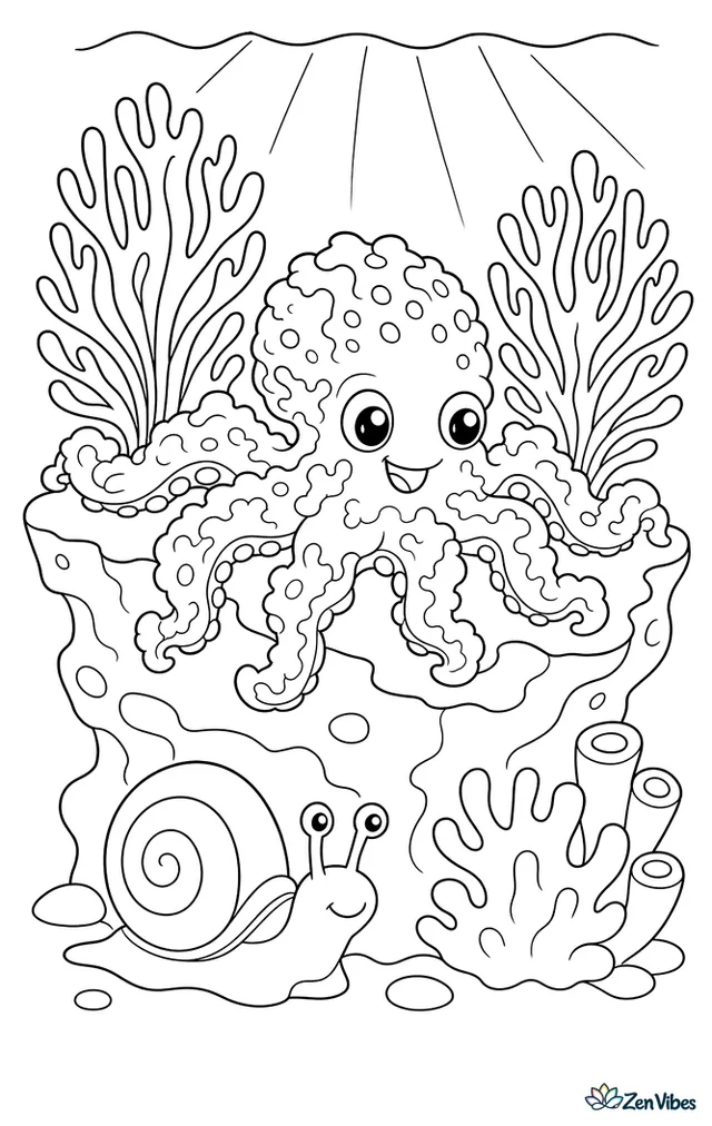 An algae octopus crawls across a coral reef ledge, blending with lumpy textures while a snail moves below, sea fans rise behind, and sunlight filters through the water.