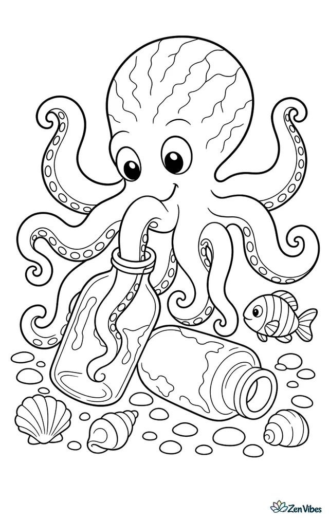 A veined octopus investigates two old bottles on the seabed, reaching an arm inside one while shells, pebbles, and a little striped fish surround the scene.