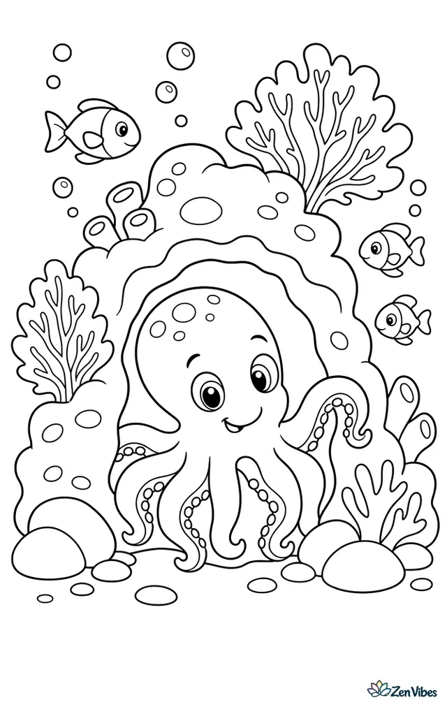A Caribbean reef octopus leans out from a small cave in a coral mound, watching passing fish while sea fans, stones, and bubbles frame the opening.