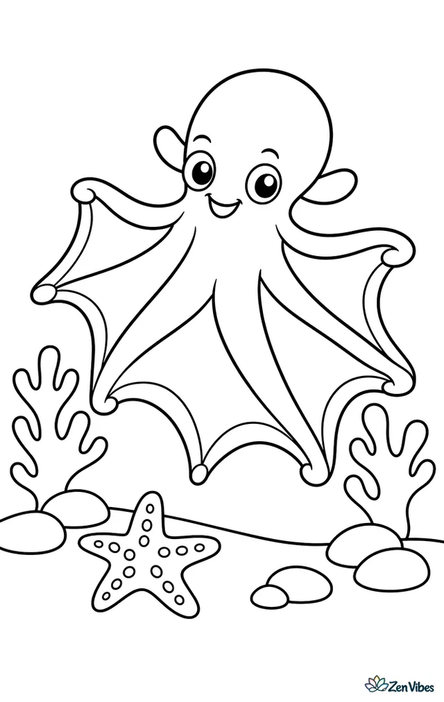 A webfoot octopus drifts just above the seafloor with its webbing spread like a cape, near a sea star, rounded rocks, and two upright coral branches.