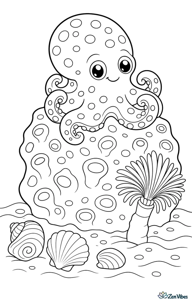 A star-sucker pygmy octopus clings to a sponge-covered rock, curling its short arms while tiny shells, a feather duster worm, and sand ripples fill the seabed.