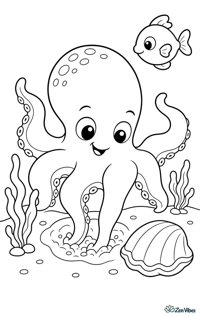 A southern sand octopus digs gently into the seabed with two arms, leaving a shallow hollow beside a clam shell, seaweed sprigs, and a hovering fish.