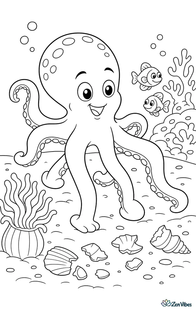 A wonderpus walks across the sandy bottom on its arms, passing broken shell pieces, a waving anemone, and a pair of small fish near a coral rock.
