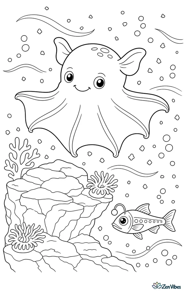 A dumbo octopus floats in the deep ocean, flapping its fins above a rocky outcrop, with drifting marine snow, a lanternfish below, and soft currents marked by bubbles.