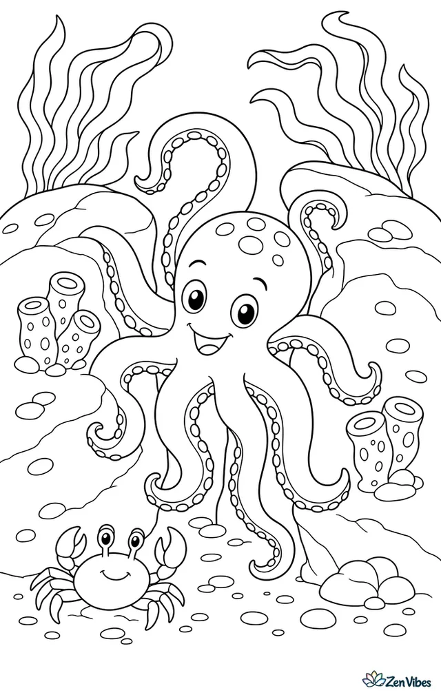 A seven-arm octopus squeezes through a narrow crevice between boulders, with sponges attached to the rocks, a crab below, and ribbons of seaweed waving overhead.