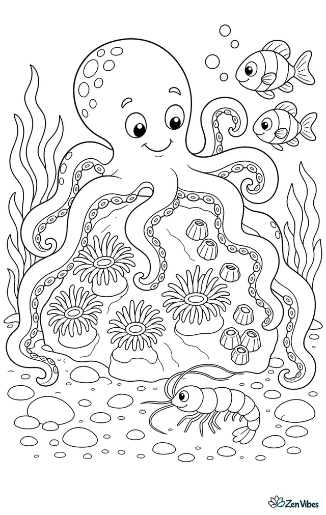 A red octopus curls around a rock ringed with sea anemones, watching a shrimp on the sand while barnacles, pebbles, and a pair of fish complete the reef scene.