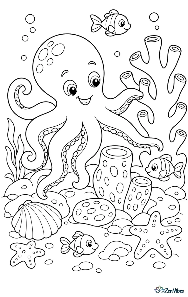 A ruby octopus reaches across a colorful sponge garden, touching a branching sponge while a scallop shell, sea stars, and three tiny fish surround the rocky bottom.
