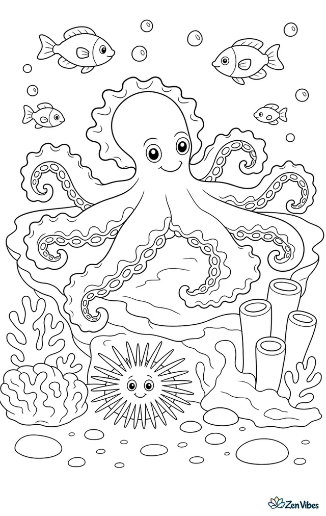 A frilled octopus spreads its arms along a coral ledge, showing decorative edges beside tube sponges, a sea urchin tucked below, and fish weaving through the background.