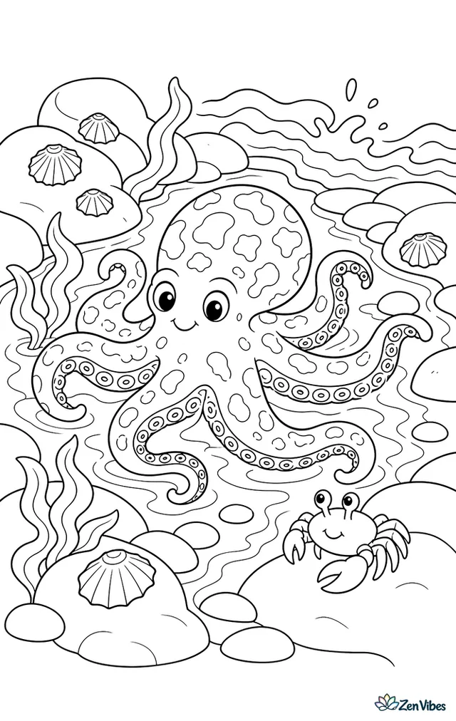 A mottled octopus explores a shallow tidepool among smooth stones, limpets, and seaweed ribbons, while gentle waves ripple at the edge and a small shore crab watches.