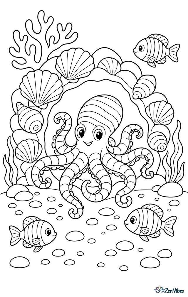 A lesser Pacific striped octopus hovers at the mouth of a shell-lined cave, with striped fish nearby, a coral branch above, and scattered pebbles over the sand.