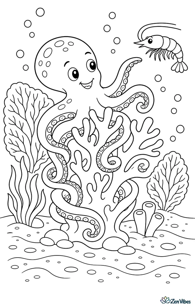A curled octopus wraps around a branching coral head, reaching one arm toward a passing shrimp while sea fans, bubbles, and patterned sand stretch across the seafloor.