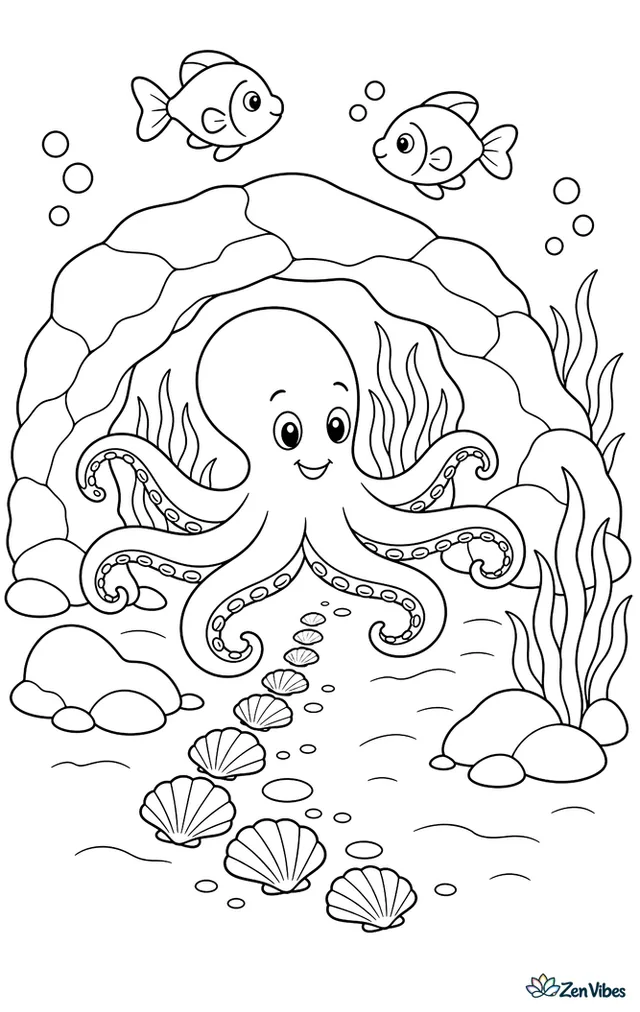 A smoothskin octopus glides beneath a natural rock arch, with sea grass behind, a shell trail on the sand, and two small fish turning above the stones.
