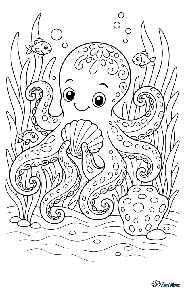 An ornate octopus settles in a seagrass garden, holding a shell while tiny fish dart between blades, a small sponge sits nearby, and curved sand lines pattern the ground.