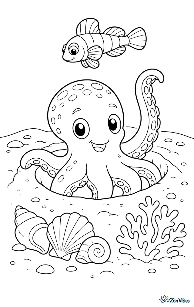 A sandbird octopus emerges from a burrow in open sand, lifting one arm beside a cluster of shells, a low algae patch, and a watchful goby overhead.