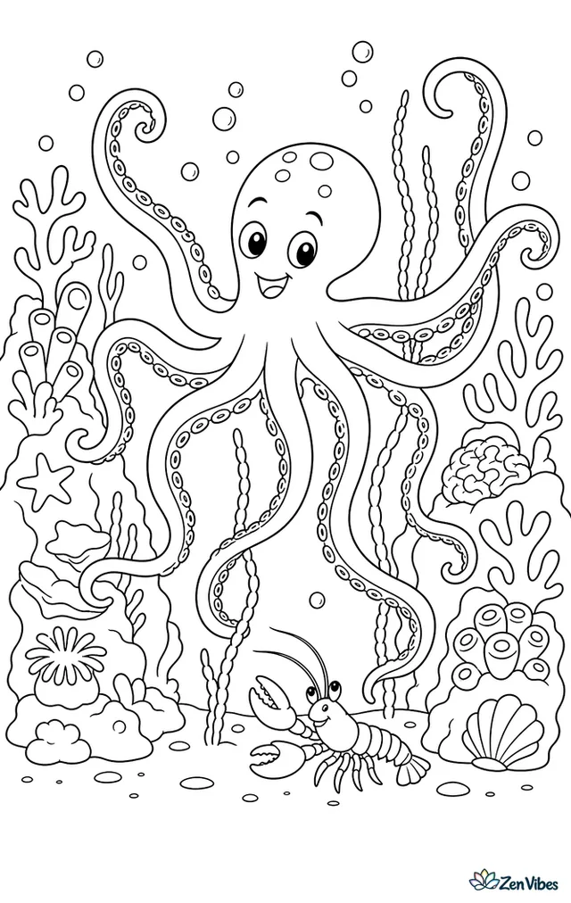 A long-arm octopus stretches elegantly between two coral rocks, with extra-long arms weaving around sea whips, a tiny lobster below, and bubbles rising through the scene.