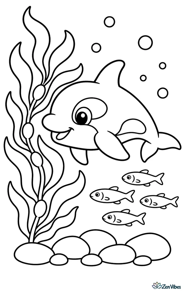 A young orca calf swims beside swaying bull kelp fronds, with round bubbles, smooth pebbles, and a small school of Pacific herring drifting through a calm underwater cove.