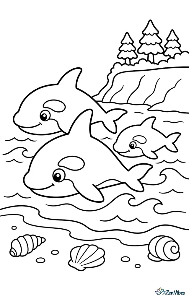 Three orcas cruise near a quiet shoreline, with rolling waves, a sandy beach, scattered seashells, and low evergreen trees on nearby bluffs.