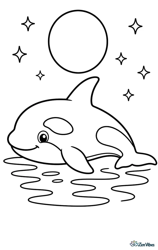A single orca glides across a calm sea at night, with a large round moon, twinkling stars, and soft ripples reflecting light around its dorsal fin.