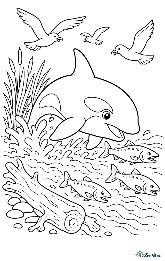 An orca darts through a river mouth chasing Chinook salmon, with splashing shallows, smooth driftwood logs, reeds along the bank, and circling gulls overhead.
